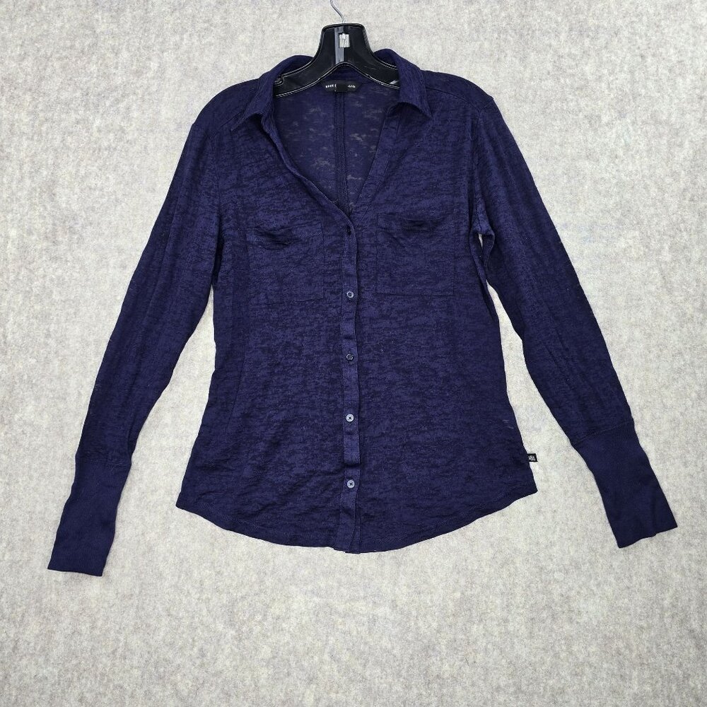 Rock & Republic Womens Button Down Shirt Navy Blue Size M Polyester-Cotton Blend